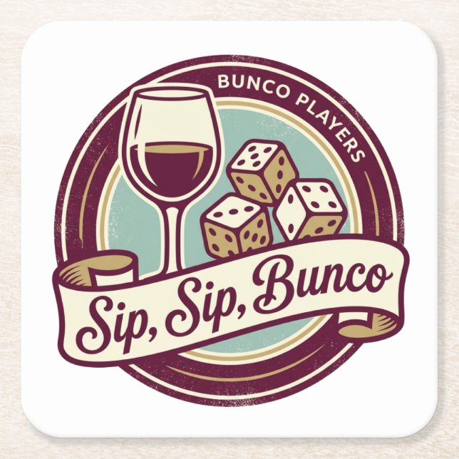 Funny Sip Wine Dice Bunco  Square Paper Coaster (Front)