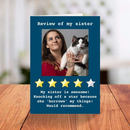 Funny sister review photo birthday Card