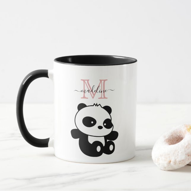 Funny Sitting Panda Modern Pink Monogram Mug (With Donut)