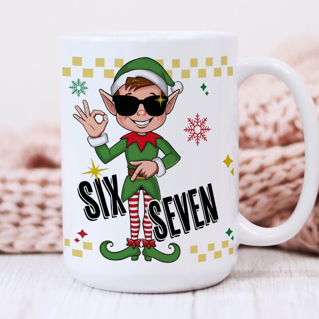 Funny Six Seven 67 6 7 Meme Christmas Elf Holiday Coffee Mug (Six seven 67 funny meme trending retro Xmas santa's elf holiday humor Christmas coffee mug gift)
