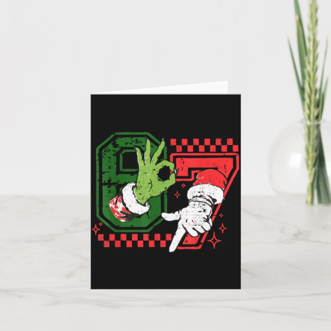 Funny Six Seven 67 Meme 6 7 Christmas Elf Hand Boy Card (Front)
