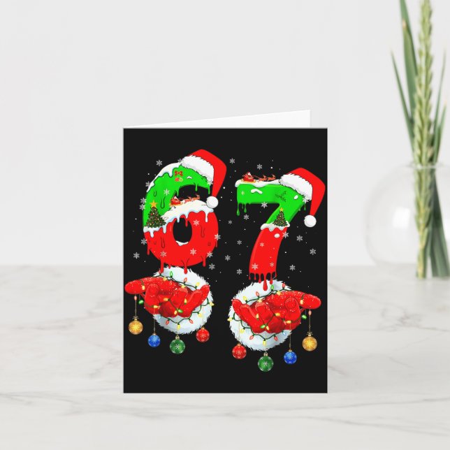 Funny Six Seven 67 Meme 6 7 Christmas Santa Hand B Card (Front)