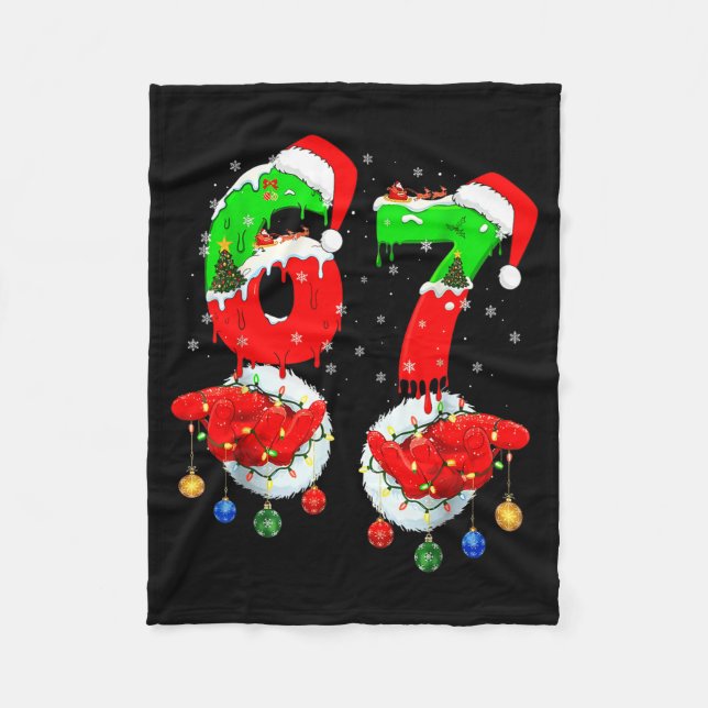 Funny Six Seven 67 Meme 6 7 Christmas Santa Hand B Fleece Blanket (Front)