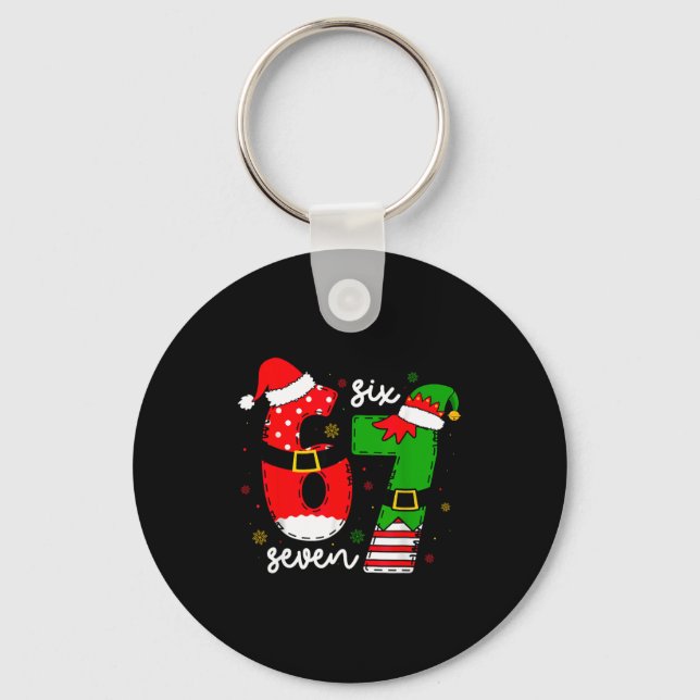 Funny Six Seven 67 Meme 6 7 Elf Santa Christmas Pa Keychain (Front)