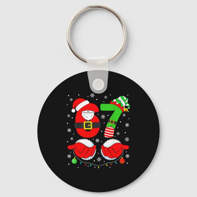 Funny Six Seven 67 Meme 6 7 Elf Santa Christmas Pa Keychain (Front)