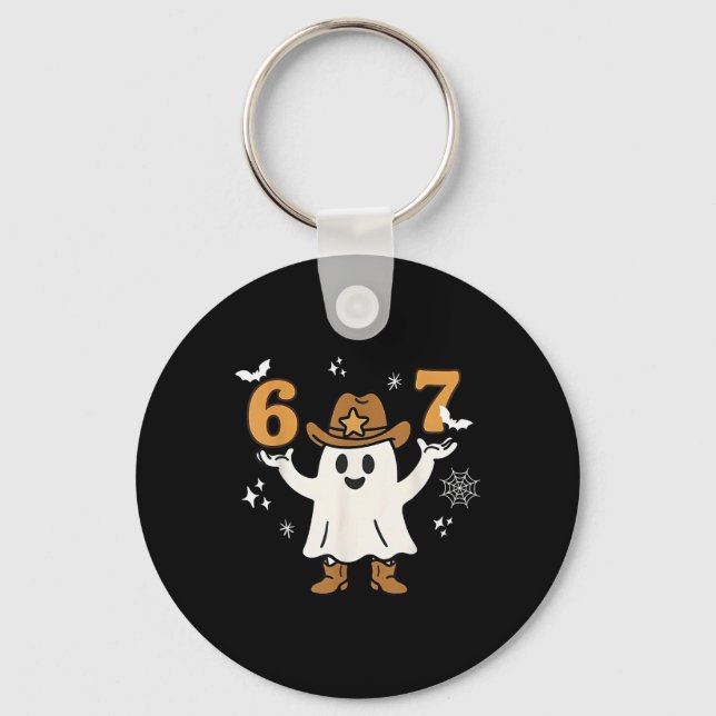 Funny Six Seven 6 7 Meme Cowboy Ghost Halloween Co Keychain (Front)