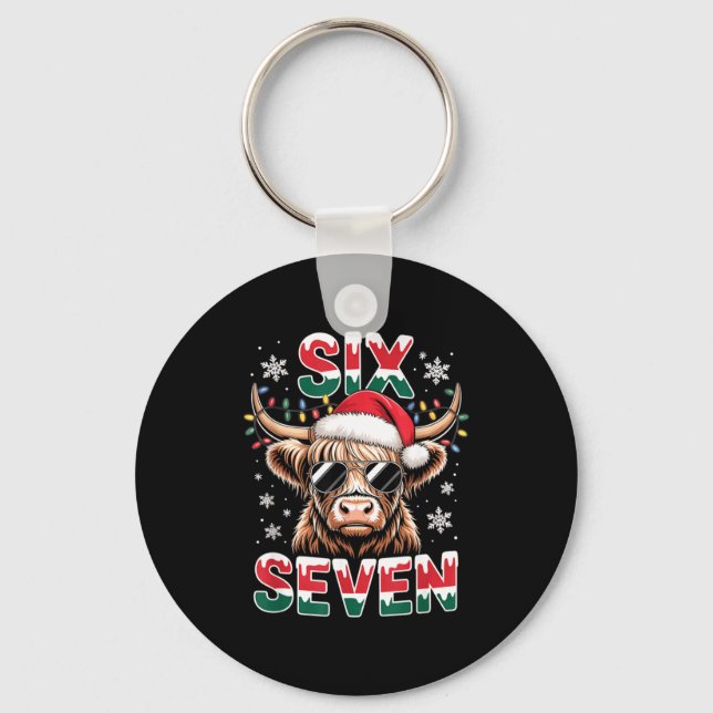 Funny Six Seven Highland Cow Christmas 67 Cool Xma Keychain (Front)