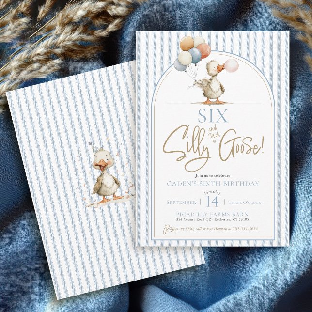 Funny SIX Silly Goose Cute Arch Boy 6th Birthday Invitation (SIX Silly Goose blue ticking pinstripes modern arch whimsical geese boys 6th birthday invitations)