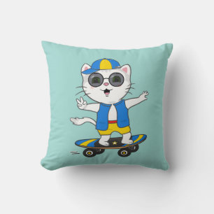 Funny Skater Cat Dressed in Blue & Yellow T-Shirt Throw Pillow