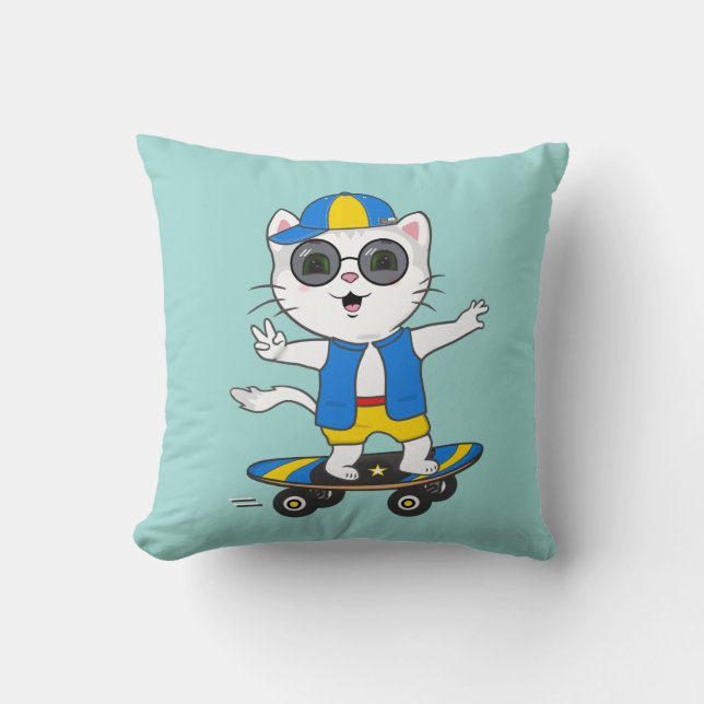 Funny Skater Cat Dressed in Blue & Yellow T-Shirt Throw Pillow (Front)