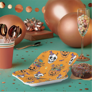 Funny Skeleton And Candy For Halloween Paper Plates
