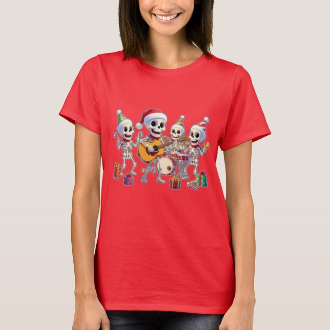 Funny Skeleton Band Christmas & New Year – 3D Cart T-Shirt (Front)