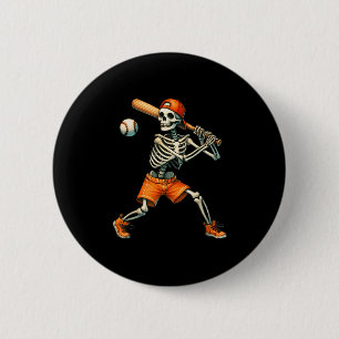 Funny Skeleton Batting Baseball Halloween Boys Men Button