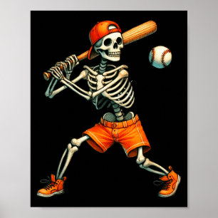 Funny Skeleton Batting Baseball Halloween Boys Men Poster