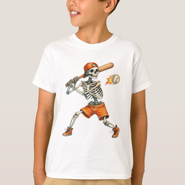 Funny Skeleton batting Baseball Halloween T-Shirt (Front)