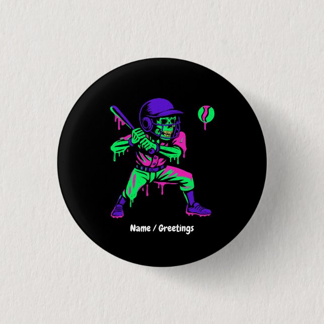 Funny Skeleton Batting Ice Cream Dripping Baseball Button (Front)