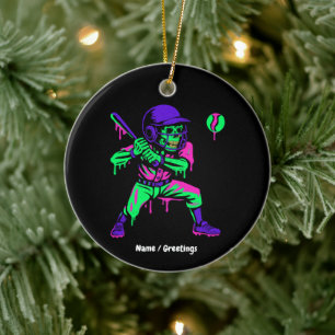 Funny Skeleton Batting Ice Cream Dripping Baseball Ceramic Ornament
