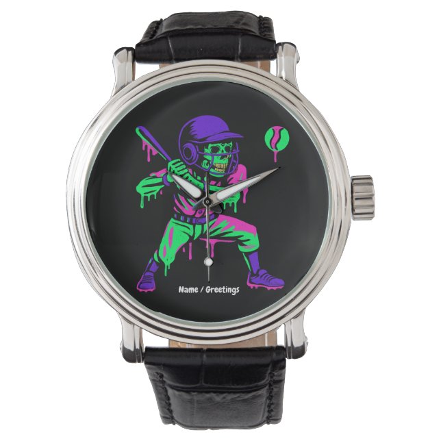 Funny Skeleton Batting Ice Cream Dripping Baseball Watch (Front)