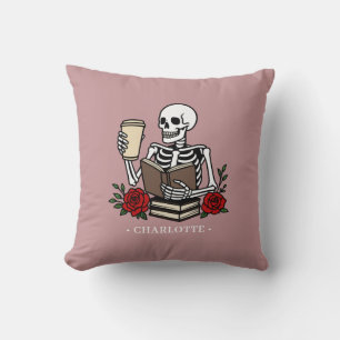 Funny Skeleton Book and Coffee Lover Throw Pillow