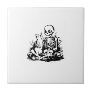 Funny Skeleton Cat Skull Kitty Cute Cat Goth Hallo Ceramic Tile