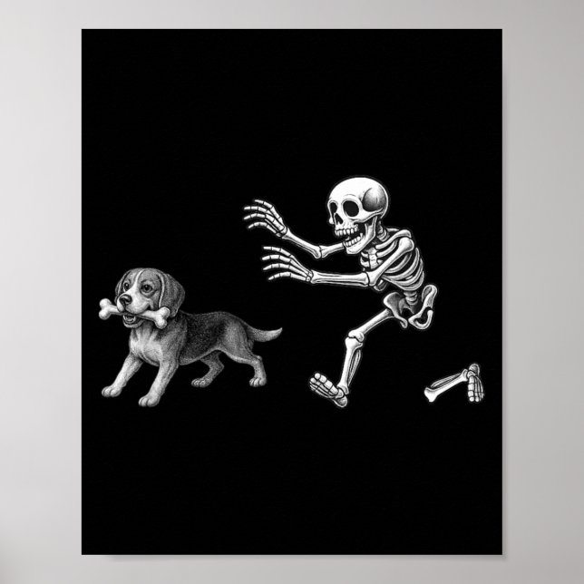 Funny Skeleton Chasing Beagle Dog Halloween Dogs Poster (Front)