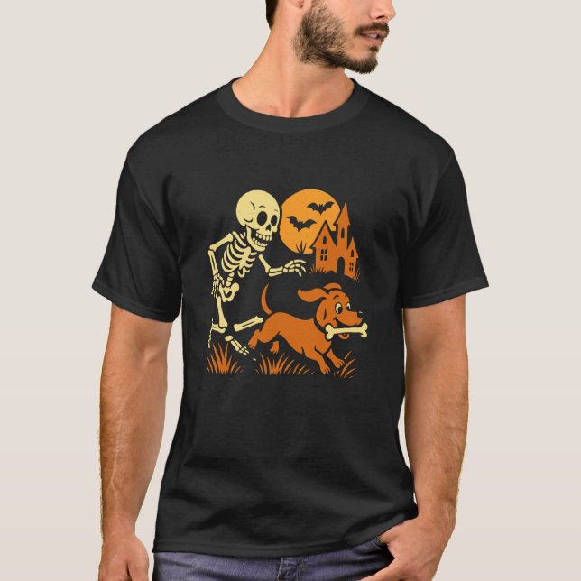 Funny Skeleton Chasing Dachshund Dog Funny Hallowe T-Shirt (Front)