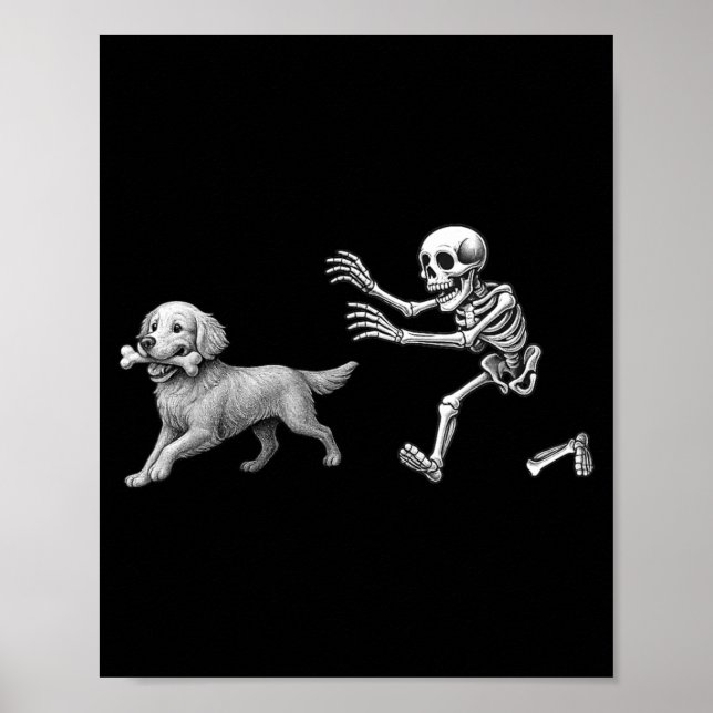 Funny Skeleton Chasing Golden Retriever Halloween Poster (Front)