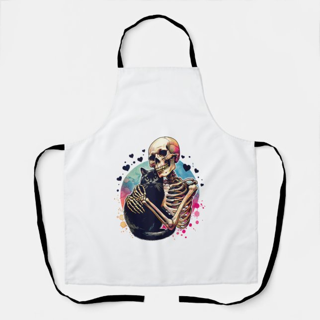 Funny Skeleton Cuddling With a Cat Watercolor Skul Apron (Front)