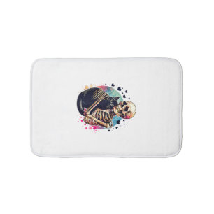 Funny Skeleton Cuddling With a Cat Watercolor Skul Bath Mat
