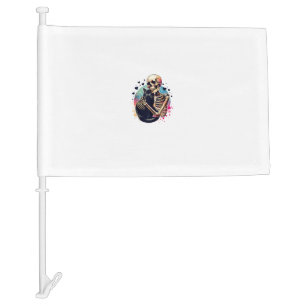 Funny Skeleton Cuddling With a Cat Watercolor Skul Car Flag