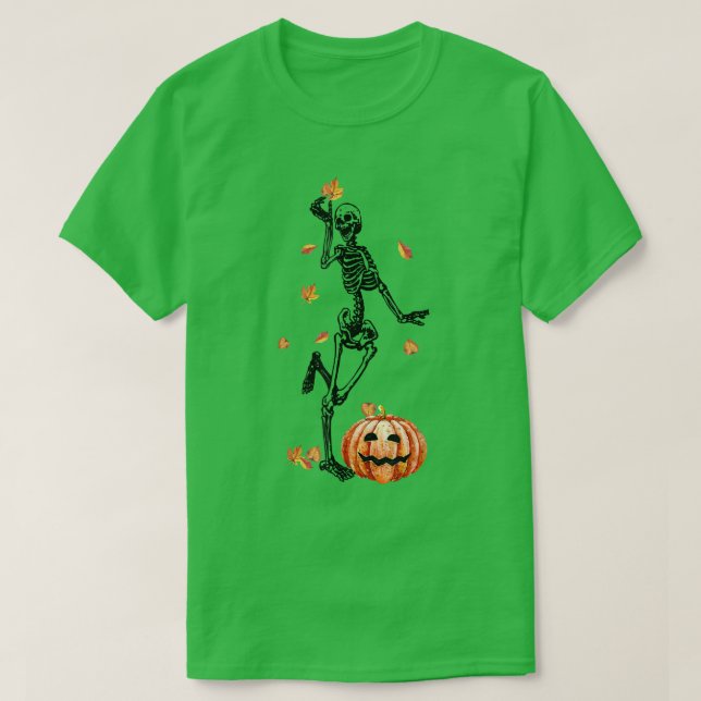 Funny Skeleton Dancing Fall Leaves Pumpkin Hallowe T-Shirt (Design Front)