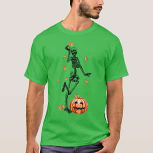 Funny Skeleton Dancing Fall Leaves Pumpkin Hallowe T-Shirt