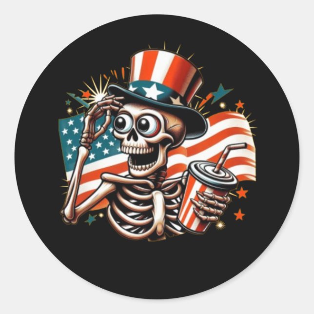 Funny Skeleton Drinking Classic Round Sticker (Front)