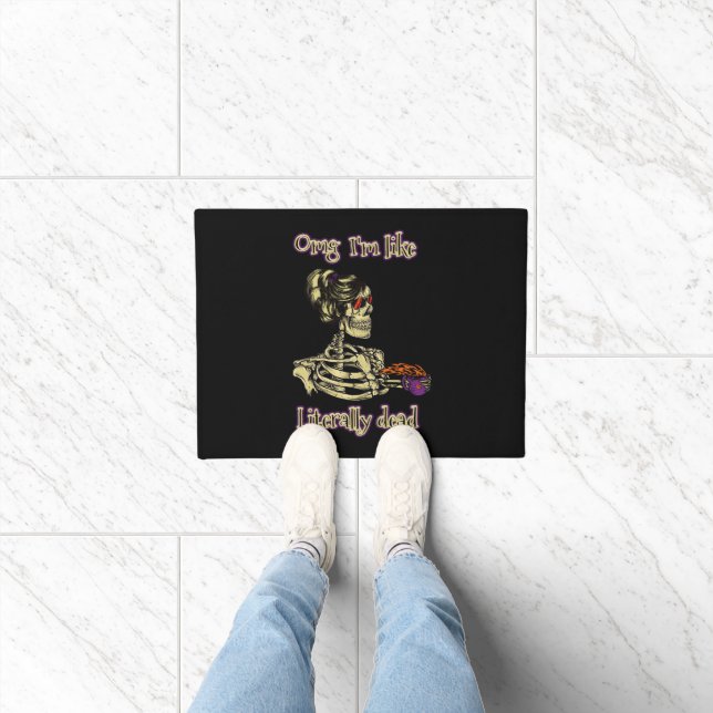 Funny Skeleton Drinking I'm literally Dead Coffee Doormat (Indoor)
