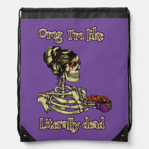 Funny Skeleton Drinking I'm literally Dead Coffee Drawstring Bag