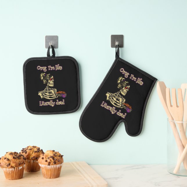 Funny Skeleton Drinking I'm literally Dead Coffee Oven Mitt & Pot Holder Set (Insitu(Hanging))