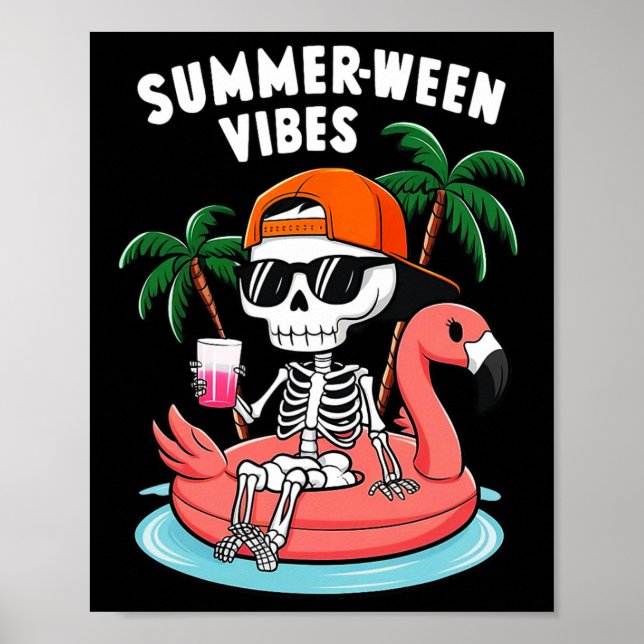 Funny Skeleton Flamingo Summerween Vibes Halloween Poster (Front)