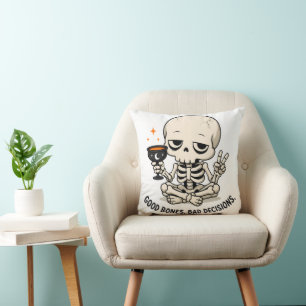 Funny Skeleton Good Bones Bad Decisions Halloween Throw Pillow