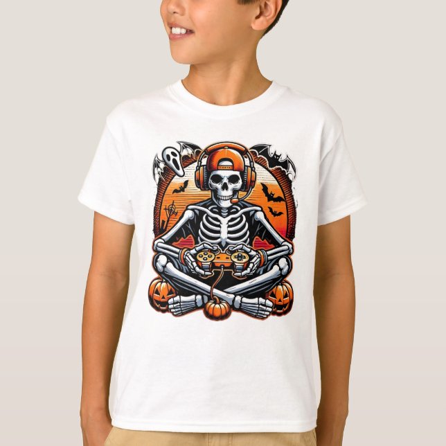 Funny Skeleton Halloween Gift Video Game headphon  T-Shirt (Front)