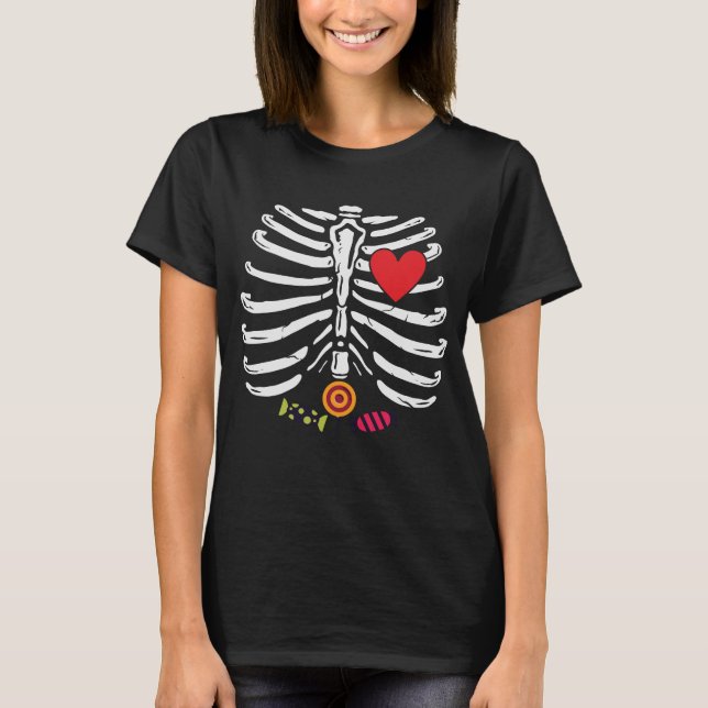 Funny Skeleton Halloween Heart Candies T-Shirt (Front)