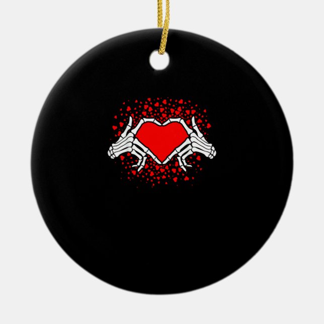 Funny Skeleton Hand Heart Valentines Day Playful Ceramic Ornament (Front)