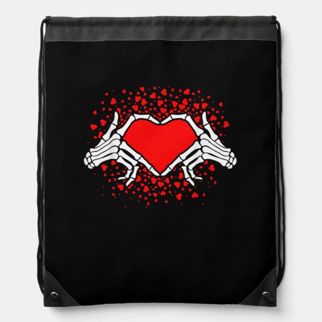 Funny Skeleton Hand Heart Valentines Day Playful Drawstring Bag (Front)