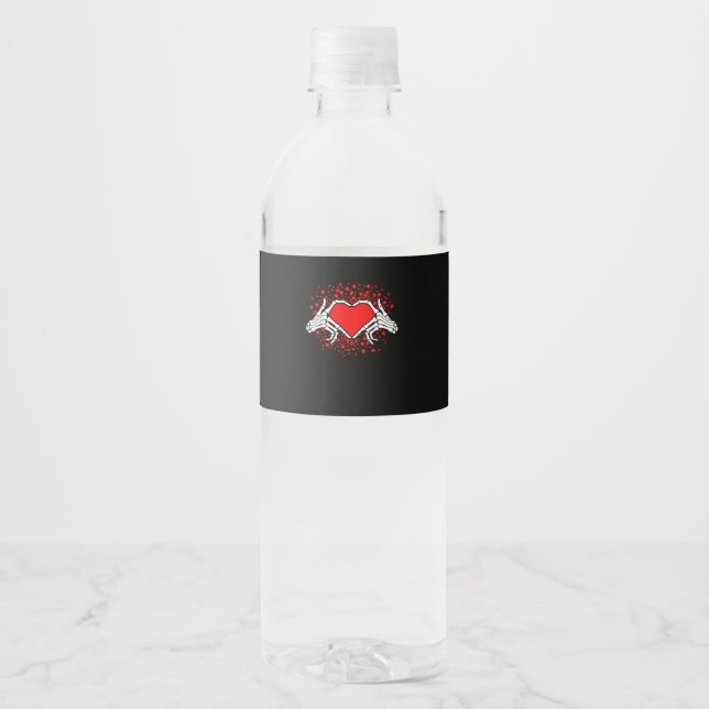 Funny Skeleton Hand Heart Valentines Day Playful Water Bottle Label (Front)