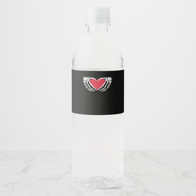 Funny Skeleton Heart Hands Classic Look Water Bottle Label (Front)