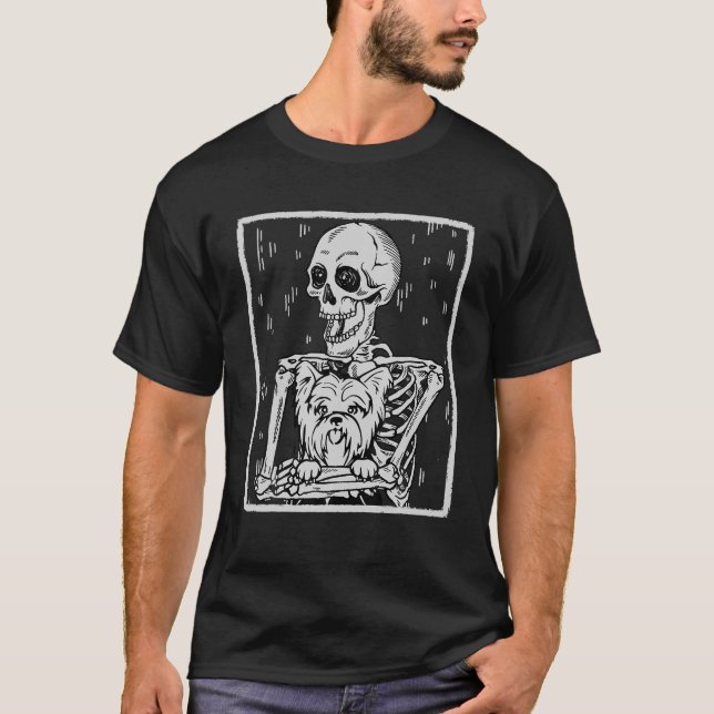 Funny Skeleton Hugs Yorkshire Terrier Halloween T-Shirt (Front)
