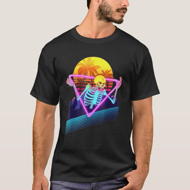 Funny Skeleton Meme Retro 80s Vaporwave Outrun Sty T-Shirt (Front)