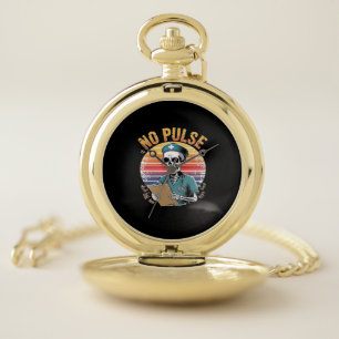 Funny Skeleton Nurse No Pulse Design – Dark Humor Pocket Watch