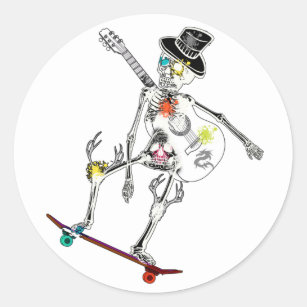 funny skeleton on skateboard and guitar design classic round sticker