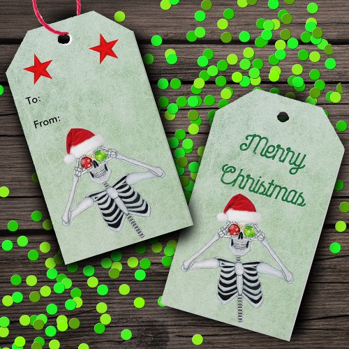 Funny Skeleton Ornament Eyes Red Stars Green Gift Tags