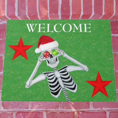 Funny Skeleton Ornament Eyes Santa Hat Stars Green Doormat